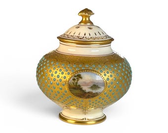 Antique Coalport Porcelain Lidded Jar/Sugar Bowl/ Jewelry Box c.1890–1930, Heavy Gilt Gold & Turquoise Enamel, Hand Painted Landscape
