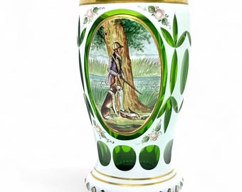 Antique Bohemian Glass Goblet - Vase | Hand-Cut & Painted with Hunter Scene | 15.5 cm | Collector’s Piece - 19th Century