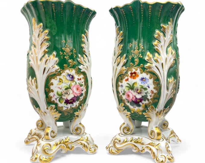 Featured listing image: Pair of 19th Century Paris Porcelain Vases – Hand-Painted Floral Decoration with Green and Gold Rococo Design - 26.5 cm - 10 7/16 inches
