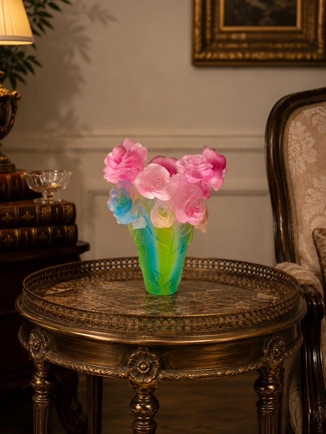 Daum France Signed 'roses Passion' Vase – Multicolor Pâte De Verre