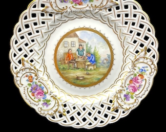 Handmade Antique Carl Thieme Potschappel Dresden German Porcelain Wall Plate with Reticulated Rim - 23.5 cm (9.25 inches) Diameter