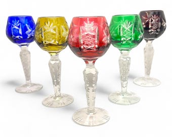 Handcrafted German Crystal Liqueur Glasses - Colorful Bohemian Wine Cordials with Etched Starburst Design - Color Variations Available