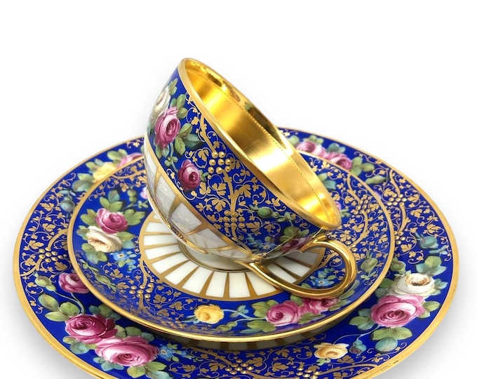 Featured listing image: Ambrosius Lamm Trio Tea Cup Set - Dresden Rose Pattern, Hand-Painted Porcelain