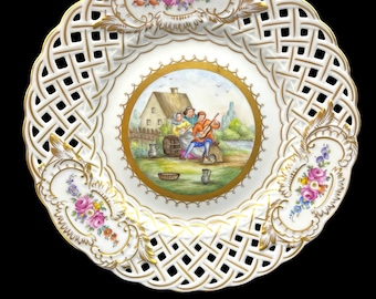 Handmade Antique Carl Thieme Potschappel Dresden German Porcelain Wall Plate with Reticulated Rim - 23.5 cm (9.25 inches) Diameter