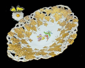 Meissen Heavy Gilded Porcelain Oval Bowl Plate Leaf Design