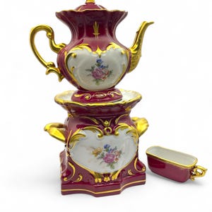 Antique Limoges French Porcelain Tea/Herbal Infusion Pot with Warmer - Hand-Painted with Gold Gilt - 28 cm / 11 inches