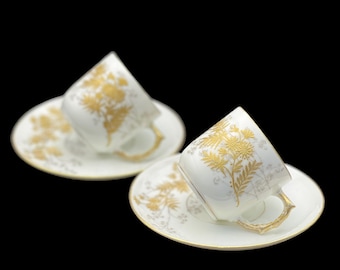 Antique Elite Limoges Porcelain Demitasse Cup and Saucer, Bawo & Dotter Guerin-Pouyat, Hand Painted Gold Floral French Coffee Set
