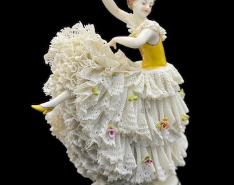 Ackermann & Fritze Volkstedt Porcelain Ballerina Figurine - Lace Skirt Masterpiece - 1908-1951 Antique (6.7” x 8.7”)