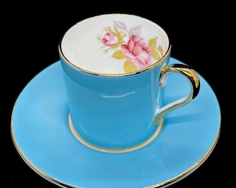 Aynsley England Bone China Turquoise Floral Design Demitasse Coffee Cup and Saucer – c.1939