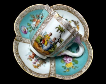 Antique Dresden Porcelain Quatrefoil Demitasse Cup and Saucer, Adolph Hamann Richard Klemm Donath & Co., Germany, c.1883–1949