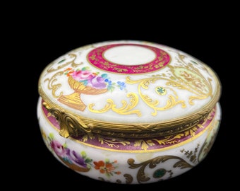 Le Tallec Round Porcelain Jewelry Box, Hand-Painted with Brass Ribbon, French Origin, Artist-Signed, Gold-Gilt