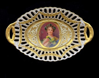 Richard Klemm Dresden Unique Hand Painted Signed Reticulated Oval Basket Bowl With Lady Portrait