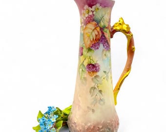 Tresseman Vogt T&V Limoges Hand-Painted Porcelain Pitcher – 31 cm Tall, 1.3 Liter (Approx. 44 oz)