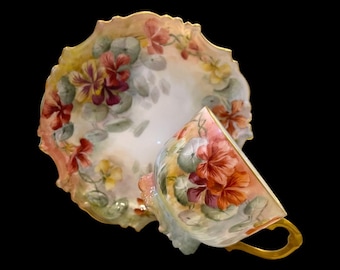 Antique T&V Limoges France Hand Painted Porcelain Tea Cup and Saucer Set c.1900-1907 Tressemanes Vogt Floral Gilt Belle Époque