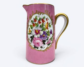 Antique Andre Giraud Limoges Porcelain Pitcher, Hand Painted Floral Jug, Pink Ground Gilt Decor, French 1920s Milk Creamer