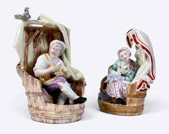 Antique Meissen Porcelain Figurine Pair, 1774-1814, Hand Painted German Porcelain Seated Man & Woman Figures, 18th Century