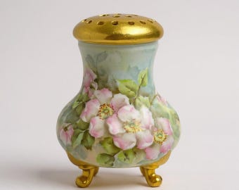 Antique Limoges S. Kelley Signed Hand Painted Sugar Shaker / Muffineer with Wild Roses and Gilded Accents