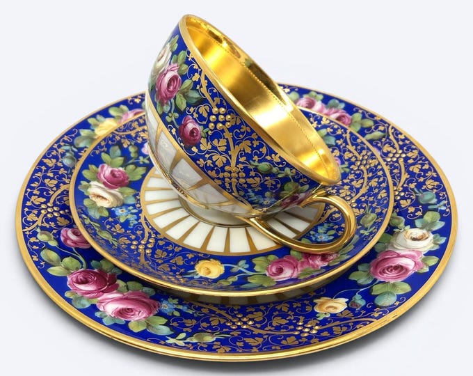 Featured listing image: Ambrosius Lamm Trio Tea Cup Set - Dresden Rose Pattern, Hand-Painted Porcelain