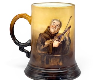 Antique Jean Pouyat Limoges Porcelain Tankard Mug, Hand Painted Monk Violin Scene, French Art Porcelain Stein, JP Limoges Mug 1905-1911
