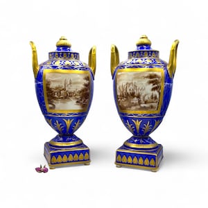 Pair of Antique Carl Thieme Potschappel Dresden Porcelain Urns with Gilded Accents and Hand-Painted Scenic Panels Vases, 30 cm(11.8 inches)