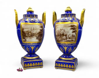 Pair of Antique Carl Thieme Potschappel Dresden Porcelain Urns with Gilded Accents and Hand-Painted Scenic Panels Vases, 30 cm(11.8 inches)