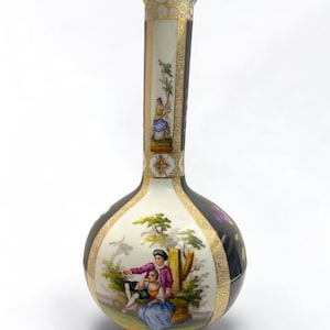Antique Dresden Rare Black Bottle Vase – 30.5 cm - 12 inches – Hand-Painted Courting Scenes & Florals – Raised Gold – ca. 19th Century