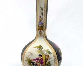 Antique Dresden Rare Black Bottle Vase – 30.5 cm - 12 inches – Hand-Painted Courting Scenes & Florals – Raised Gold – ca. 19th Century