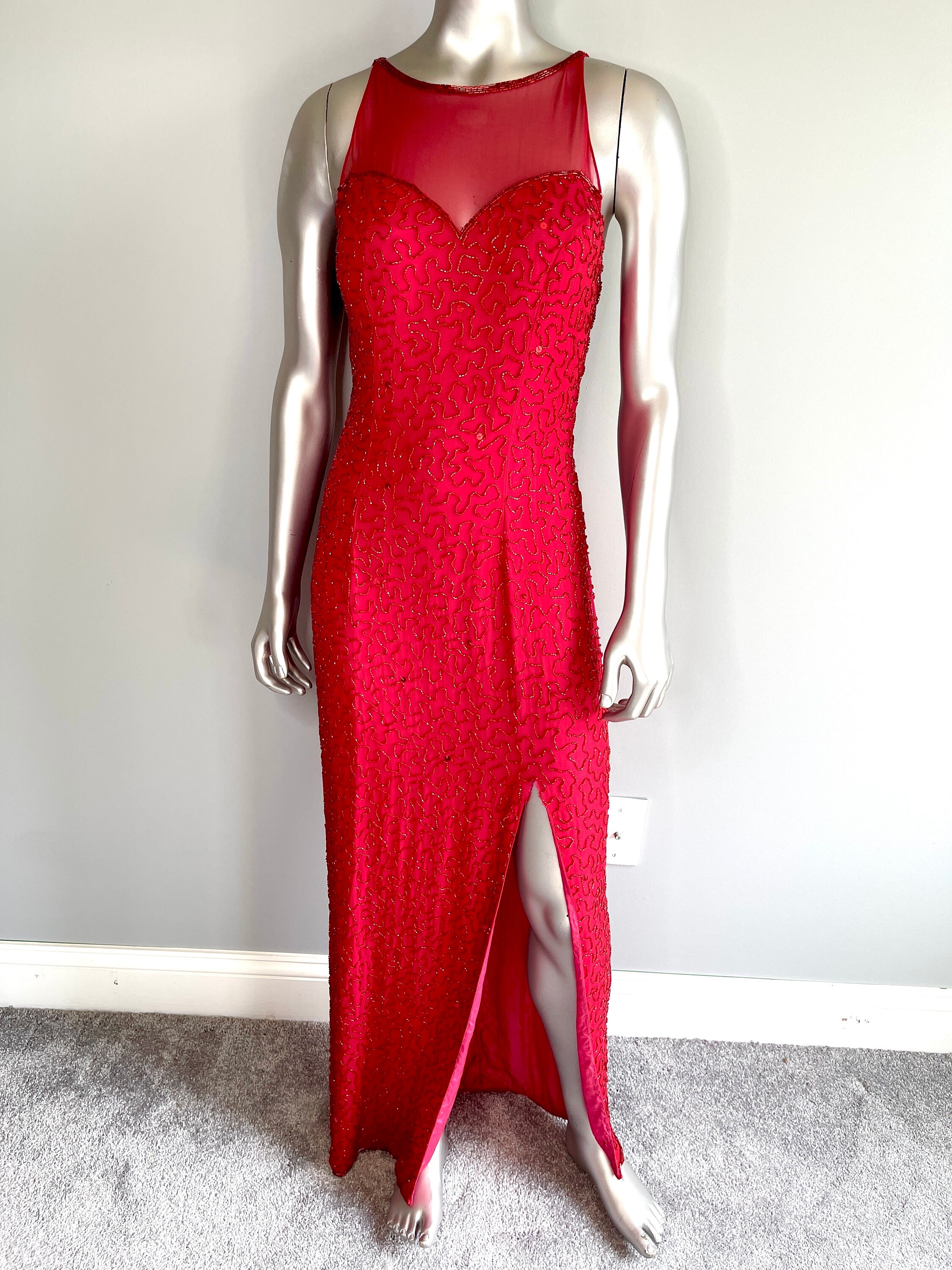 VINTAGE Red Silk Beaded Embellished Long Dress Gown - Etsy Israel