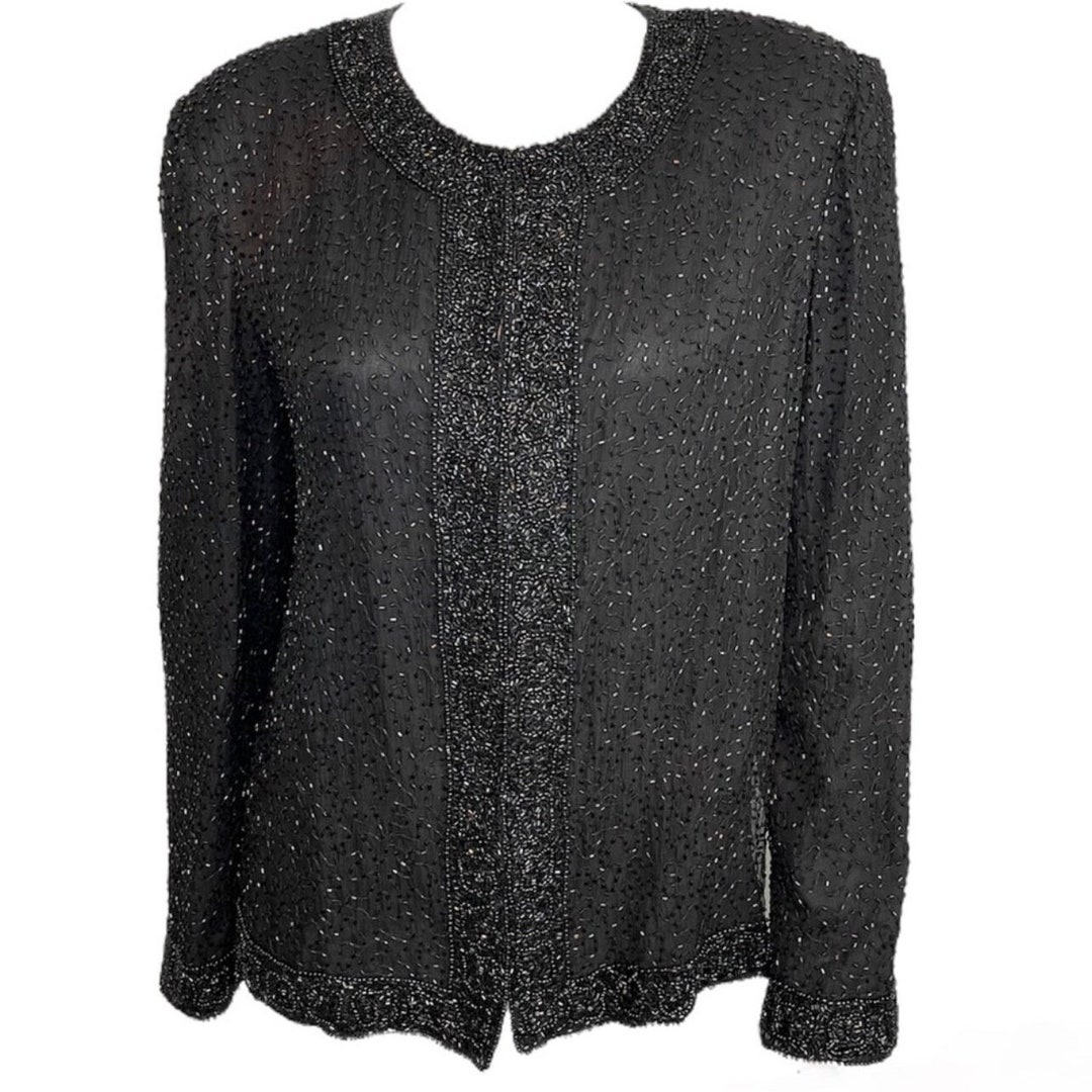 NWT VTG Laurence Kazar Women's Black Red Cropped Beaded Silk Jacket Large