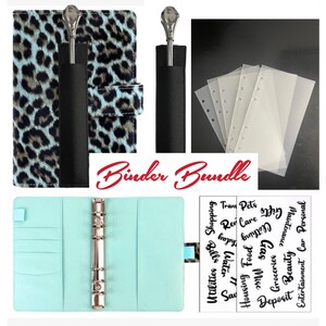 May include: A binder bundle featuring a leopard print cover, a light blue binder, clear binder pockets, and budget stickers. The text "Binder Bundle" is in red script. Includes stickers for budgeting categories.