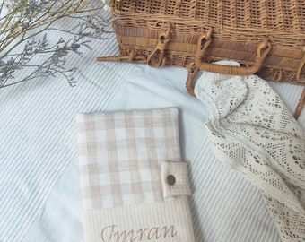 beige gingham fleece health record cover