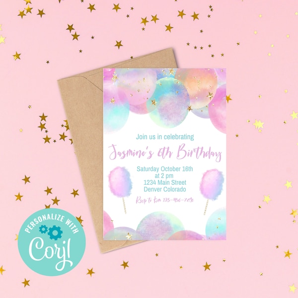 Editable Girls Birthday Invitation, Girls Rainbow Color Circles Birthday Invitation, Girls Rainbow Color Cotton Candy Invite, Downloadable