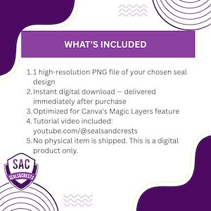 K&ouml;nnte beinhalten: Grafik f&uuml;r digitale Produkte mit lila und wei&szlig;em Design. Der Text "WHAT'S INCLUDED" steht oben. Die Grafik listet eine hochaufl&ouml;sende PNG-Datei, einen sofortigen Download, Canva-Optimierung und ein Tutorial-Video auf. Das Logo von Seals & Crests befindet sich unten.