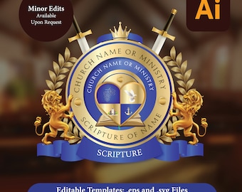 May include: A gold and blue church or ministry logo with a crown, swords, lions, and a heart with a dove, church, and anchor. The text reads "Church Name or Ministry, Scripture of Name, Scripture".