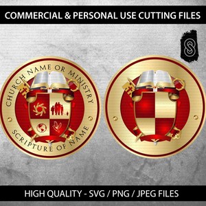 May include: A gold and red church logo with a bible, keys, and a shield with a cross. The text around the logo reads "Church Name or Ministry Scripture of Name".