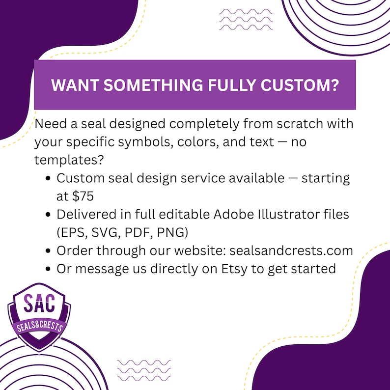 K&ouml;nnte beinhalten: Lila-wei&szlig;e Grafik mit Text: &bdquo;WANT SOMETHING FULLY CUSTOM?&ldquo; und Details zu individuellen Siegeldesign-Dienstleistungen. Enth&auml;lt ein Logo f&uuml;r Seals & Crests. Der Text beschreibt individuelle Siegel, die von Grund auf mit Symbolen, Farben und Text entworfen werden.