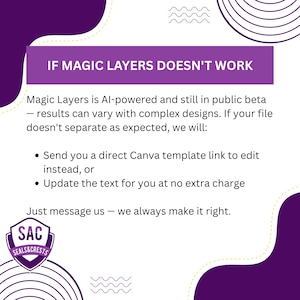 K&ouml;nnte beinhalten: Eine lila-wei&szlig;e Grafik mit dem Text "IF MAGIC LAYERS DOESN'T WORK". Der Text erkl&auml;rt, dass Magic Layers KI-gest&uuml;tzt ist und sich noch in der Beta-Phase befindet. Es werden L&ouml;sungen angeboten, falls die Datei nicht wie erwartet getrennt wird.