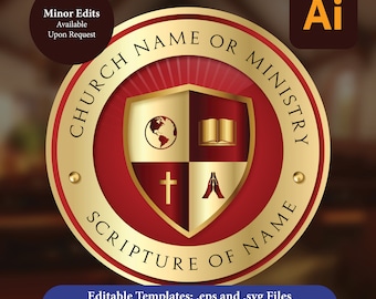 May include: A gold and red circular logo with a shield in the center. The shield is divided into four sections with a globe, a book, a cross, and praying hands. The text around the shield reads "Church Name or Ministry Scripture of Name".