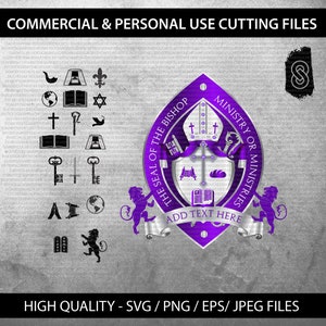May include: Purple and silver seal with the text "The Seal of the Bishop" and "Ministry or Ministries". The seal has a mitre, a cross, a book, and a loaf of bread. The text "Add Text Here" is below the seal.