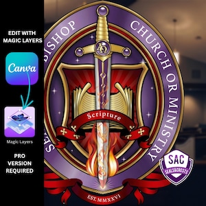 K&ouml;nnte beinhalten: Ein kreisf&ouml;rmiges Emblem mit einem Schwert in der Mitte, mit dem Text "Scripture" auf einem roten Banner. Das Design enth&auml;lt die W&ouml;rter "Bishop Church or Ministry" und "SAC Seals & Crests". Das Bild enth&auml;lt auch den Text "Edit with Magic Layers" und "Pro Version Required".