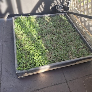 May include: A square wooden planter box filled with green grass. The box has a dark gray frame and sits on a gray concrete surface. The grass is lush and healthy, with some areas appearing more dense than others.