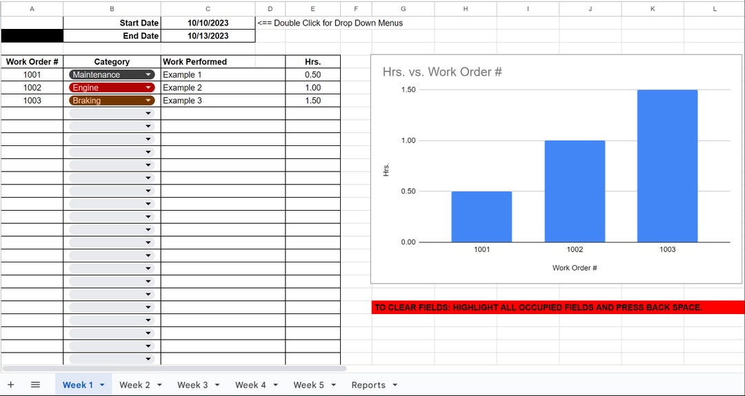 Automotive Flat Rate Labor Tracking Log Diesel Technician Mechanic XLSX