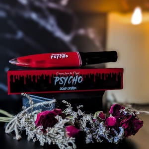 PSYCHO - Bright red knife shaped slasher liquid lipstick, lip makeup, gothic cosmetics, matte, horror themed, halloween, gift for her, vegan