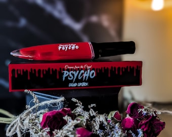 PSYCHO - Bright red knife shaped slasher liquid lipstick, lip makeup, gothic cosmetics, matte, horror themed, halloween, gift for her, vegan