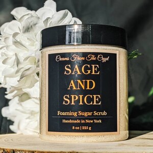 SAGE AND SPICE - Fir and Clove Foaming sugar scrub, body polish, soap + exfoliant, woodsy unisex fragrance, sulfate free, gothic skincare