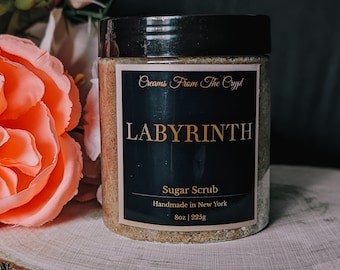 LABYRINTH - Peony and Suede Scented Sugar Scrub, Vegan skincare, Exfoliate, Shea, Mango Butter, Body Scrub, Floral Fragrance, Shower Gift