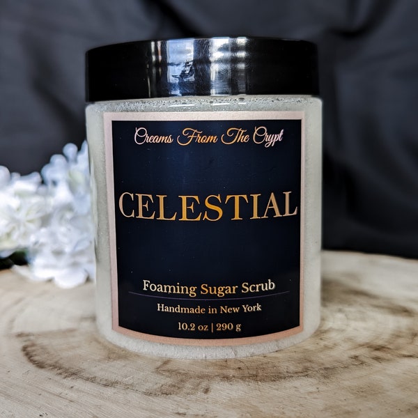 CELESTIAL - Tuberose and milk scented foaming sugar scrub, body polish, soap and exfoliant, soft fragrance, sulfate free, gothic skincare