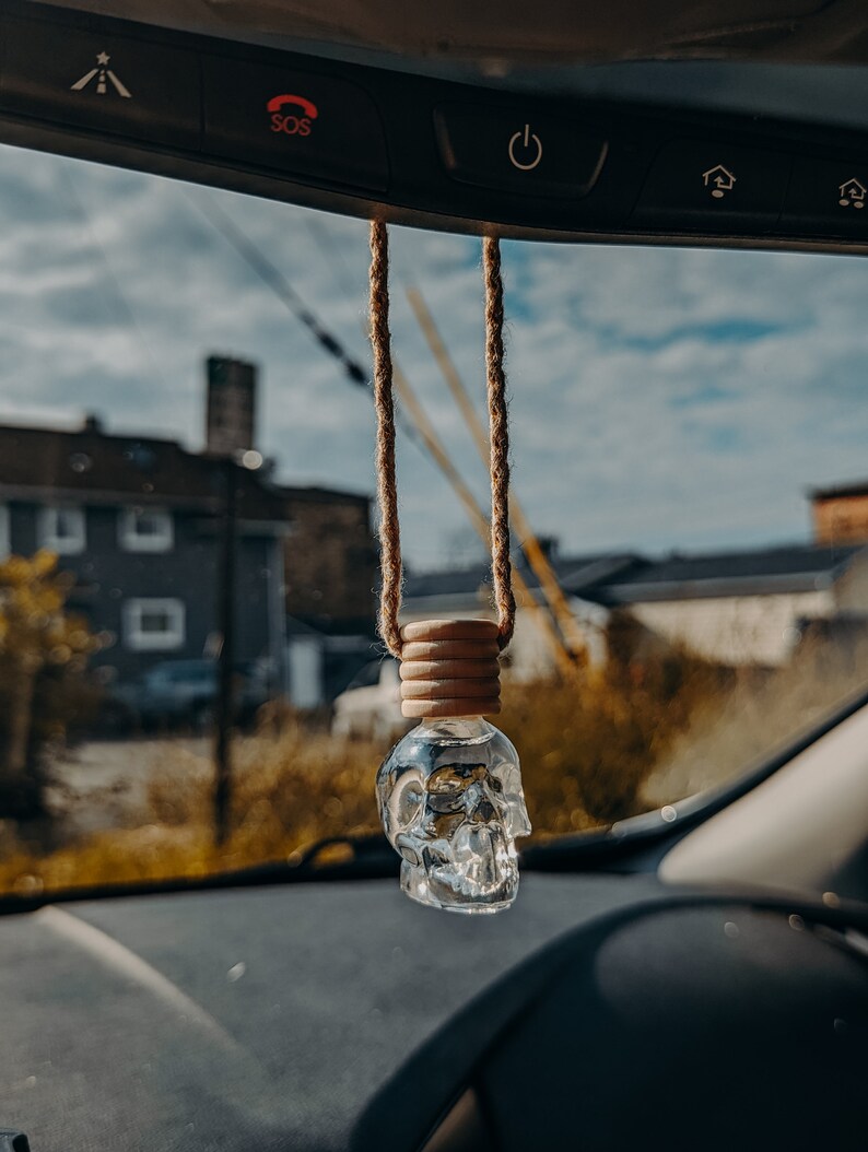 Skull shaped car diffuser, custom scent, air freshener, wooden hanging vehicle accessory, choose your fragrance, Halloween, gothic gift image 2