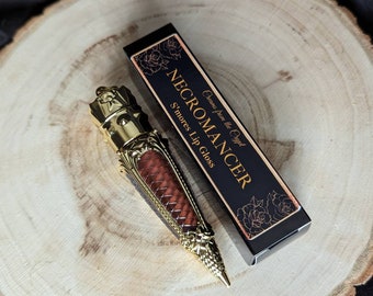 NECROMANCER - Spiced chocolate flavored lip gloss, scented, brown color, dark pigment, gothic cosmetics, gold, luxury lip color, vegan makeu