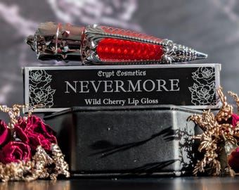 NEVERMORE (Silver edition) - Wild cherry scented lip gloss, red pigment, gothic cosmetics, luxury lip color, vegan makeup, witchy gift